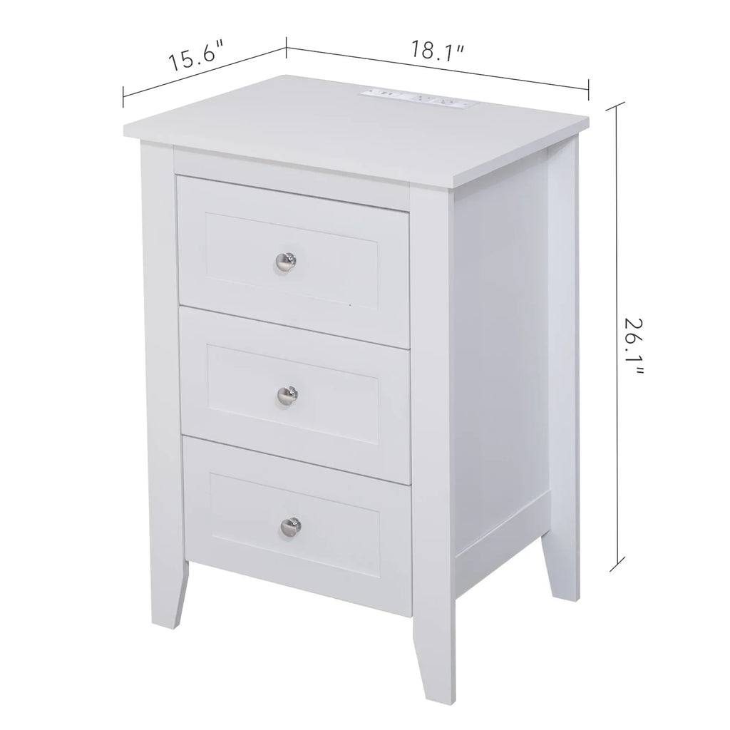 2026 NewGlavbiku Modern White 3 Drawer Nightstand Set of 2 with USB Ports & Power Outlets for Bedrooms,Adult