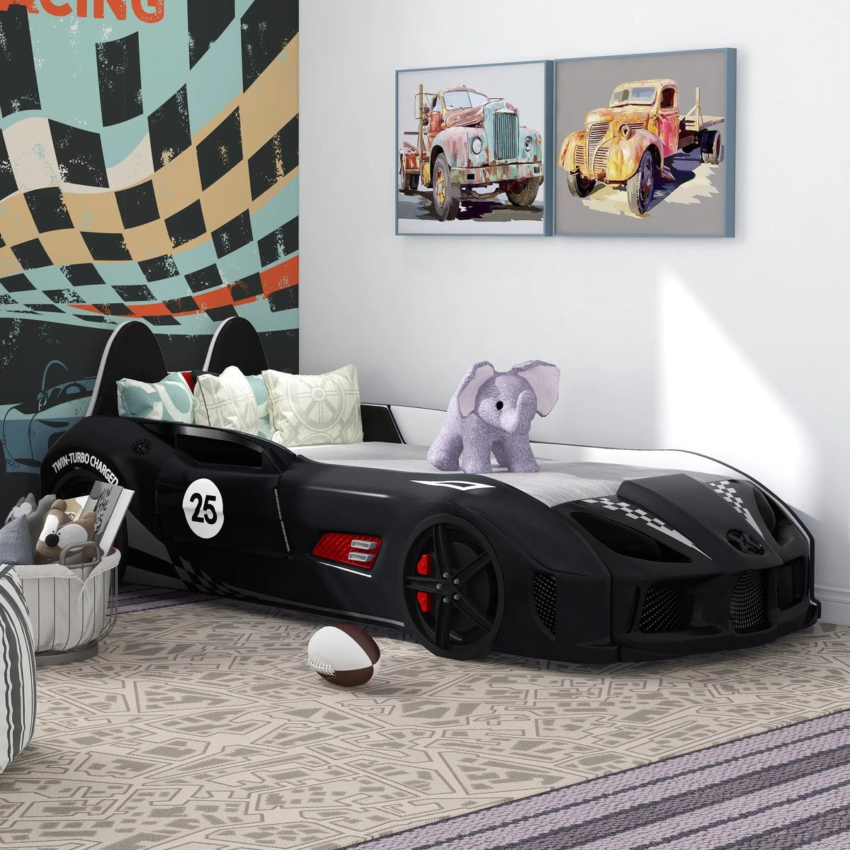 2026 NewFurniture of America Dash Kids Plastic Twin Race Car Bed with LED and Sound, White