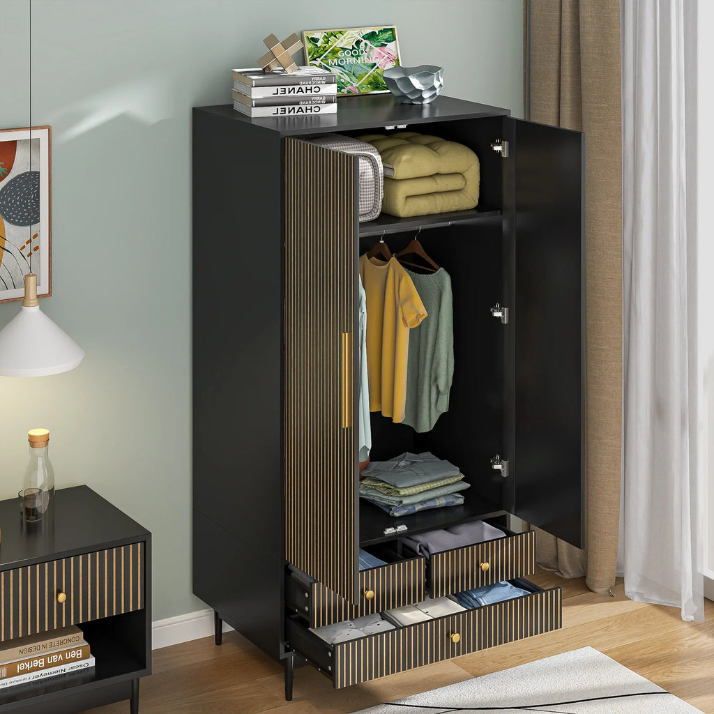 2026 NewArmoire Wardrobe Closet with 2 Doors, Wardrobe Cabinet with Hanging Rod and Drawers, Wooden Closet for Bedroom, White