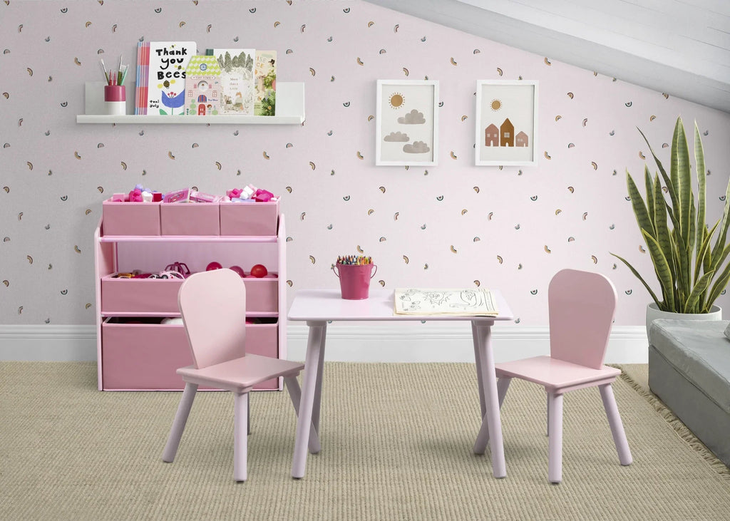 2026 NewDelta Children 4-Piece Toddler Playroom Set �C Includes Play Table, 2 Chairs and 6 Bin Toy Organizer with Reusable Vinyl Cling Stickers, Light Pink/Dark Pink