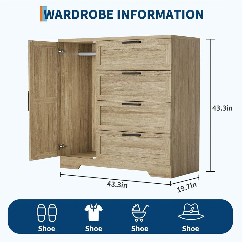 2026 NewAtaucjin Wood Armoire Wardrobe Closet with 4 Drawers and Door, 43.3" H Bedroom Wardrobe Cabinet with Hanging Rod, Clothing Storage Cabinets, 4 Drawers Dresser with Storage Closet