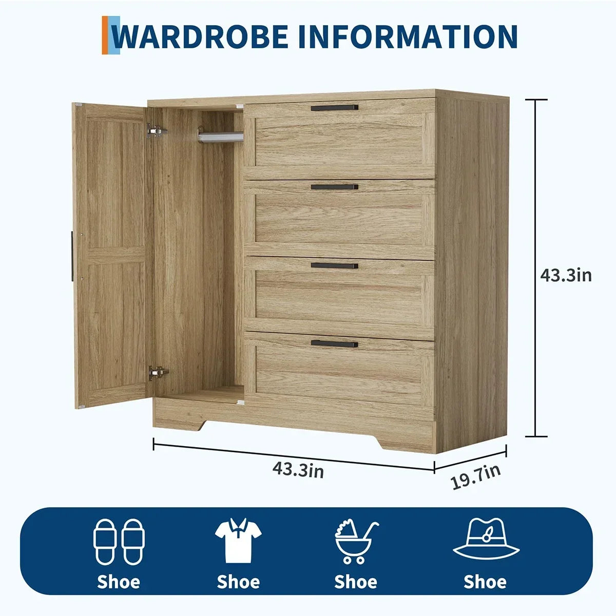 2026 NewAtaucjin Wood Armoire Wardrobe Closet with 4 Drawers and Door, 43.3" H Bedroom Wardrobe Cabinet with Hanging Rod, Clothing Storage Cabinets, 4 Drawers Dresser with Storage Closet