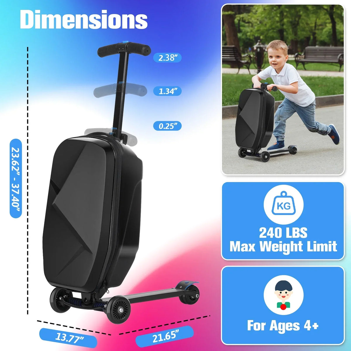2026 NewAdvwin Scooter Luggage for Kids & Adults, Hardside Ride on Suitcase for Kids Ages 4-15 Multifunctional Lightweight Foldable Carry on Luggage with Wheels Ride on for Children Teenagers, Pink
