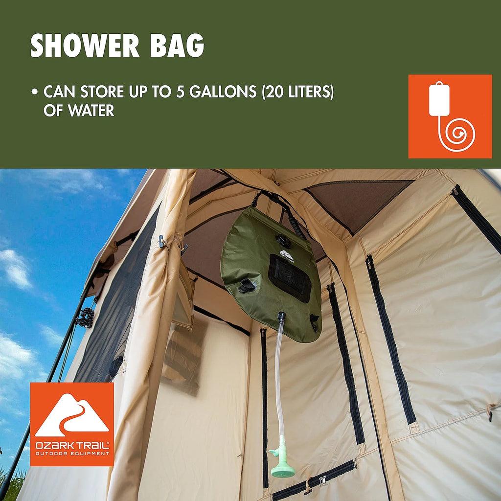 2026 NewOzark Trail 2-Room Shower & Utility Tent Combo Includes 5-Gallon Water Container, Easy Setup, Maximum Occupancy Is 2. Khaki Colour.