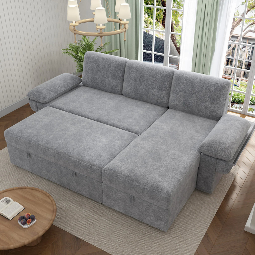 2026 NewVANACC Sofa Bed, Adult Sleeper Sofa with Storage Chaise, Pull Out Couch for Bed Room, Gray Chenille