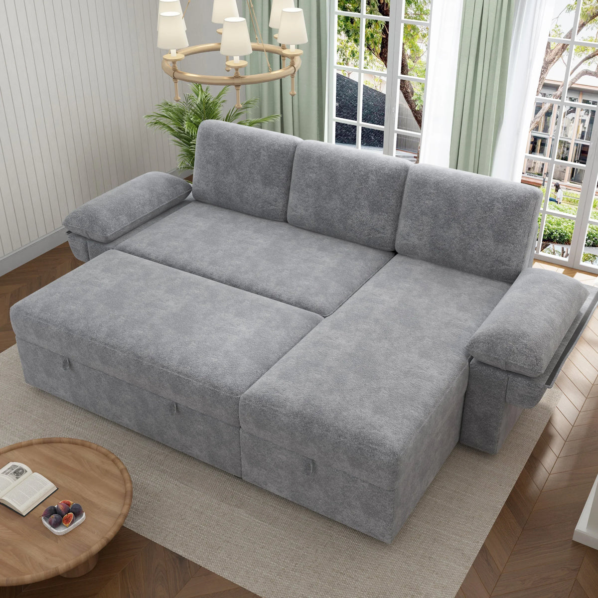 2026 NewVANACC Sofa Bed, Adult Sleeper Sofa with Storage Chaise, Pull Out Couch for Bed Room, Gray Chenille