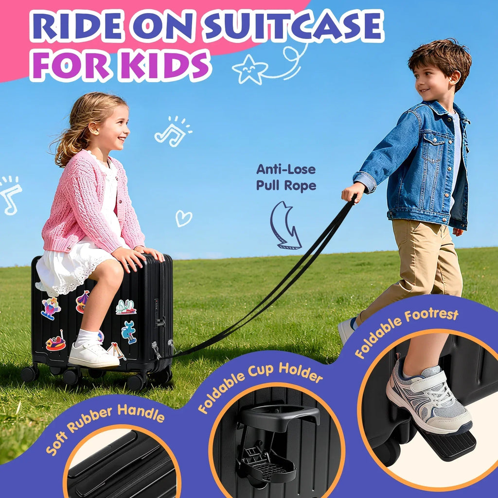 2026 NewAdvwin Ride-On Kids Luggage with Pull Strap, Footrests, Cup Holder, 6 Wheels & Adjustable Handle, 18-Inch Spinner Suitcase with Stickers & Boarding Pass, Pink