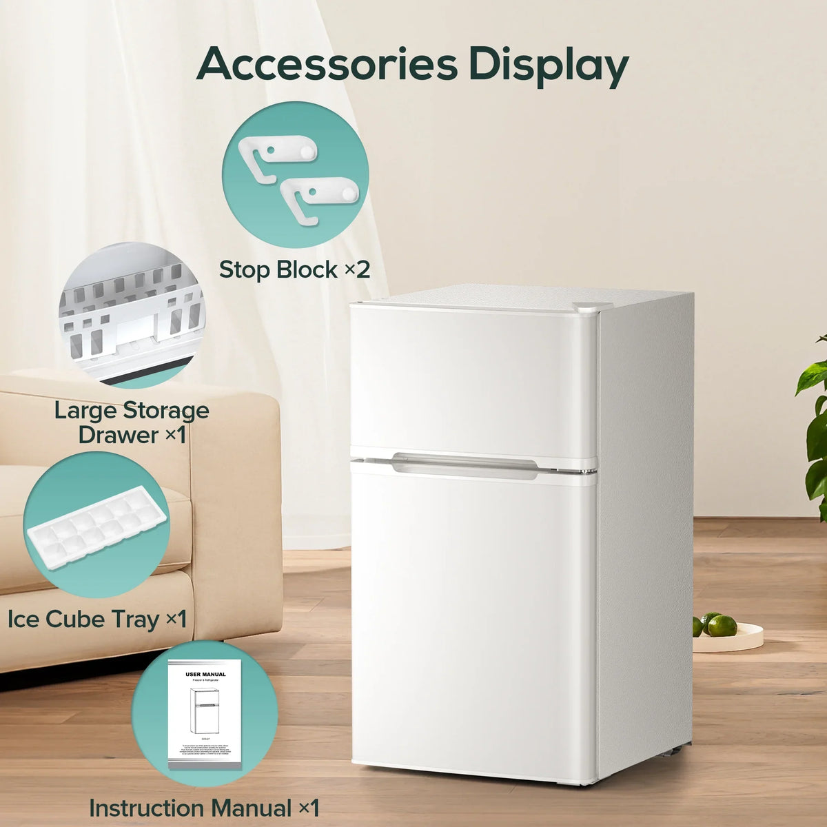 2026 NewAuseo 3.1 Cu.Ft Double Door Mini Fridge with Freezer, Compact Retro Refrigerator for Dorm, Office, Bar, Bedroom, Black