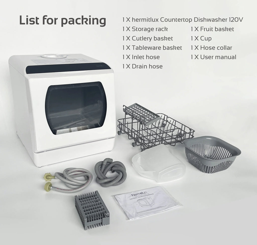 2026 NewHermitlux Portable Countertop Dishwasher, 5 Washing Programs, 5L Built-in Water Tank and Air-Dry Function, HMX-DW03