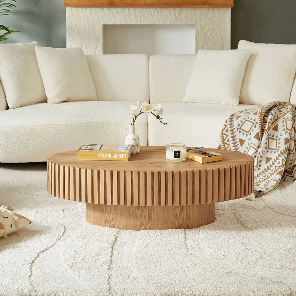 2026 NewFFH 43.7 inch Oval Coffee Table for Living Room,Handcraft Rustic Corner Coffee Table Nature Wood Relief Sturdy Pedestal for Apartmen,Side Table Centre Table,Nature Wood