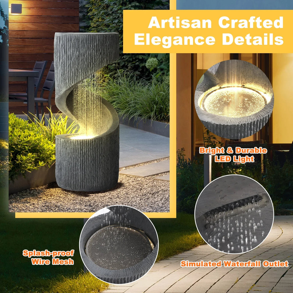 2026 NewMagic Union Outdoor S-Shaped Water Fountain, Spiral Waterfall Indoor Fountain Outside Garden Decor with LED Lights & Pump, Curved Patio Resin Fountains for Yard, Deck, Porch and Home Decorations