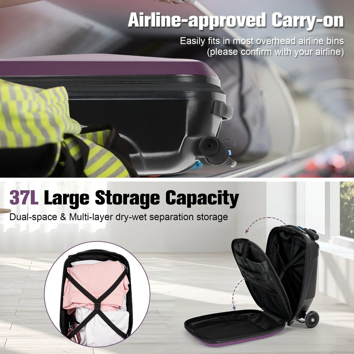2026 NewAdvwin Scooter Luggage for Kids & Adults, Hardside Ride on Suitcase for Kids Ages 4-15 Multifunctional Lightweight Foldable Carry on Luggage with Wheels Ride on for Children Teenagers, Pink
