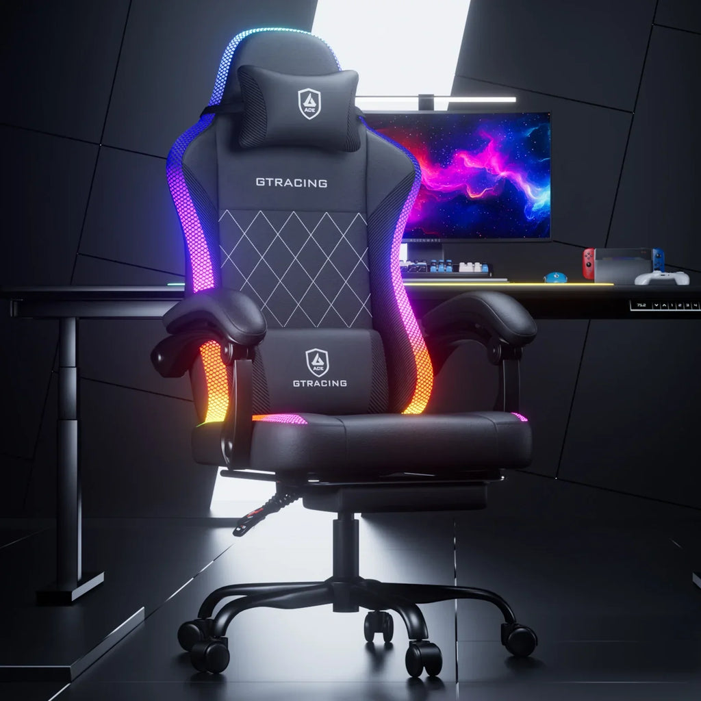 2026 NewGTRACING RGB Ergonomic Gaming Chair with Massage, LED Lights, Footrest, Lumbar Support and Backrest, Black