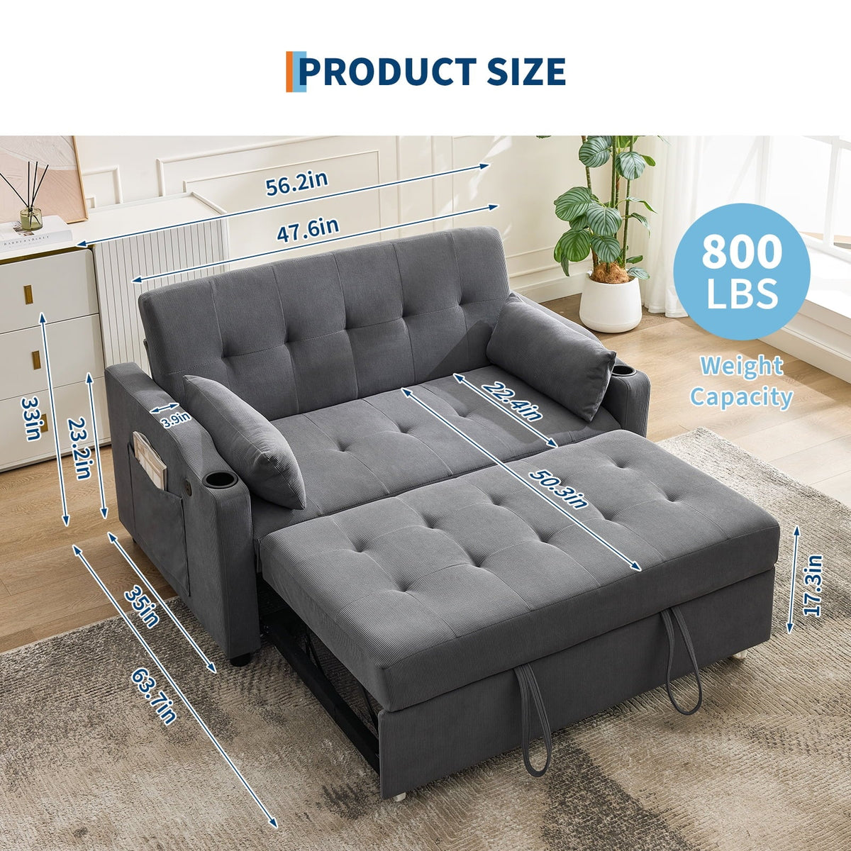 2026 New3 in 1 Convertible Sleeper Sofa Bed, Corduroy Futon Couches with Pull-Out Bed, Adjustable Backrest, Charging Port & Side Pockets, Modern Upholstered Sofa for Living Room, Guest Room