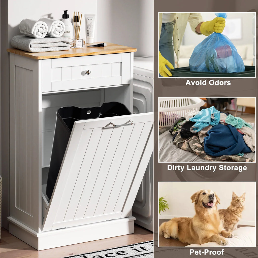 2026 NewHARIPUL Single Tilt Out Trash Cabinet for 13 Gallon Waste Bin, Free Standing Kitchen Trash Can Cabinet with Drawers, White