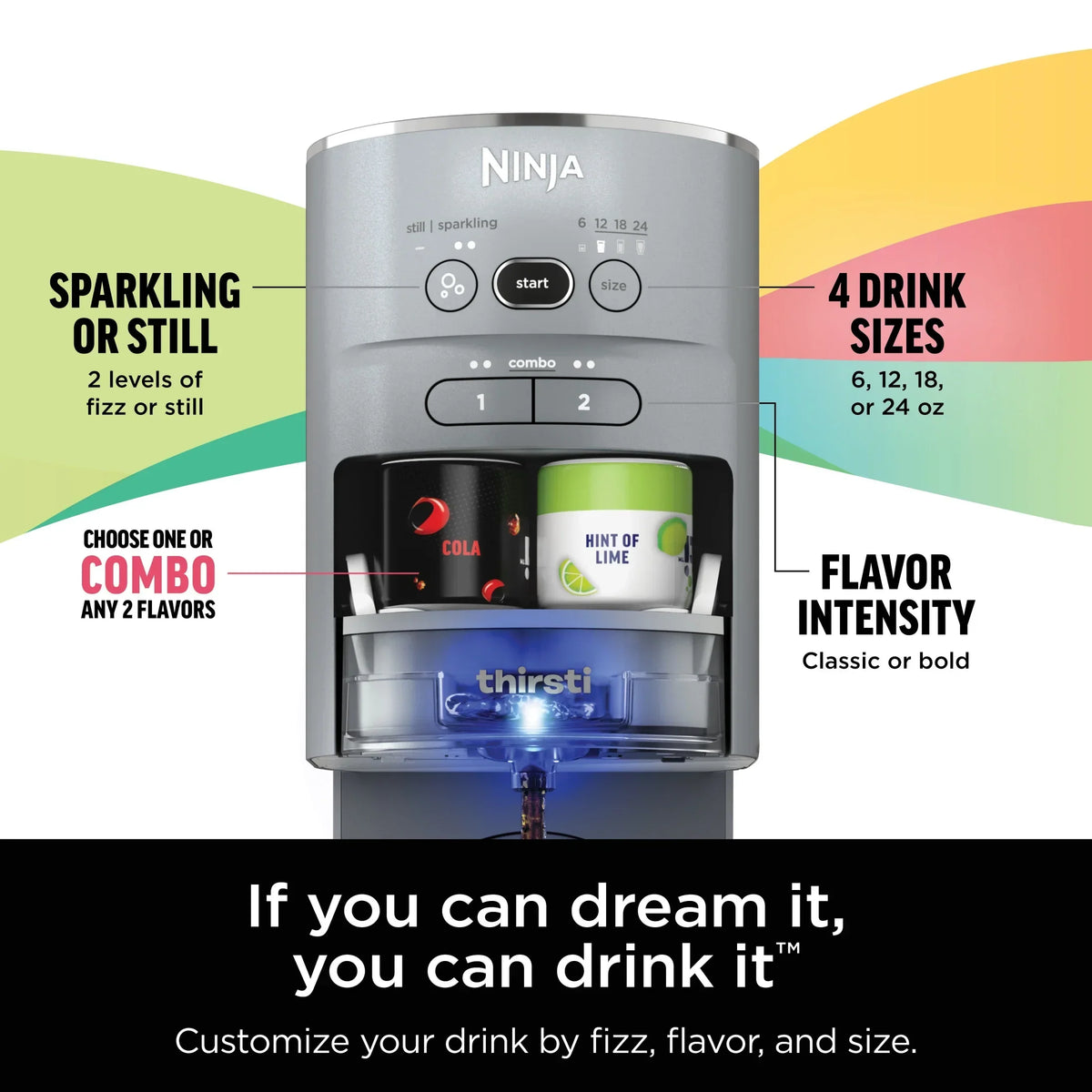 2026 NewNinja Thirsti Drink Maker, Still, Sparkling Custom Drink Kit, with CO2 Canister, Flavors, and 48 oz Reservoir