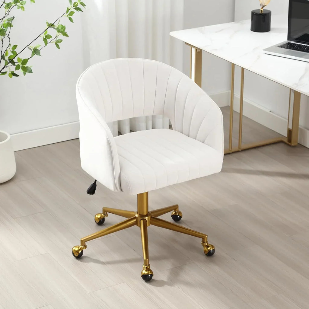 2026 NewHome Office Swivel Desk Chair, Modern Velvet Vanity Chair, Height Adjustable Armchair with Gold Base, Ergonomic Office Chair for Task Study Computer Room, Beige