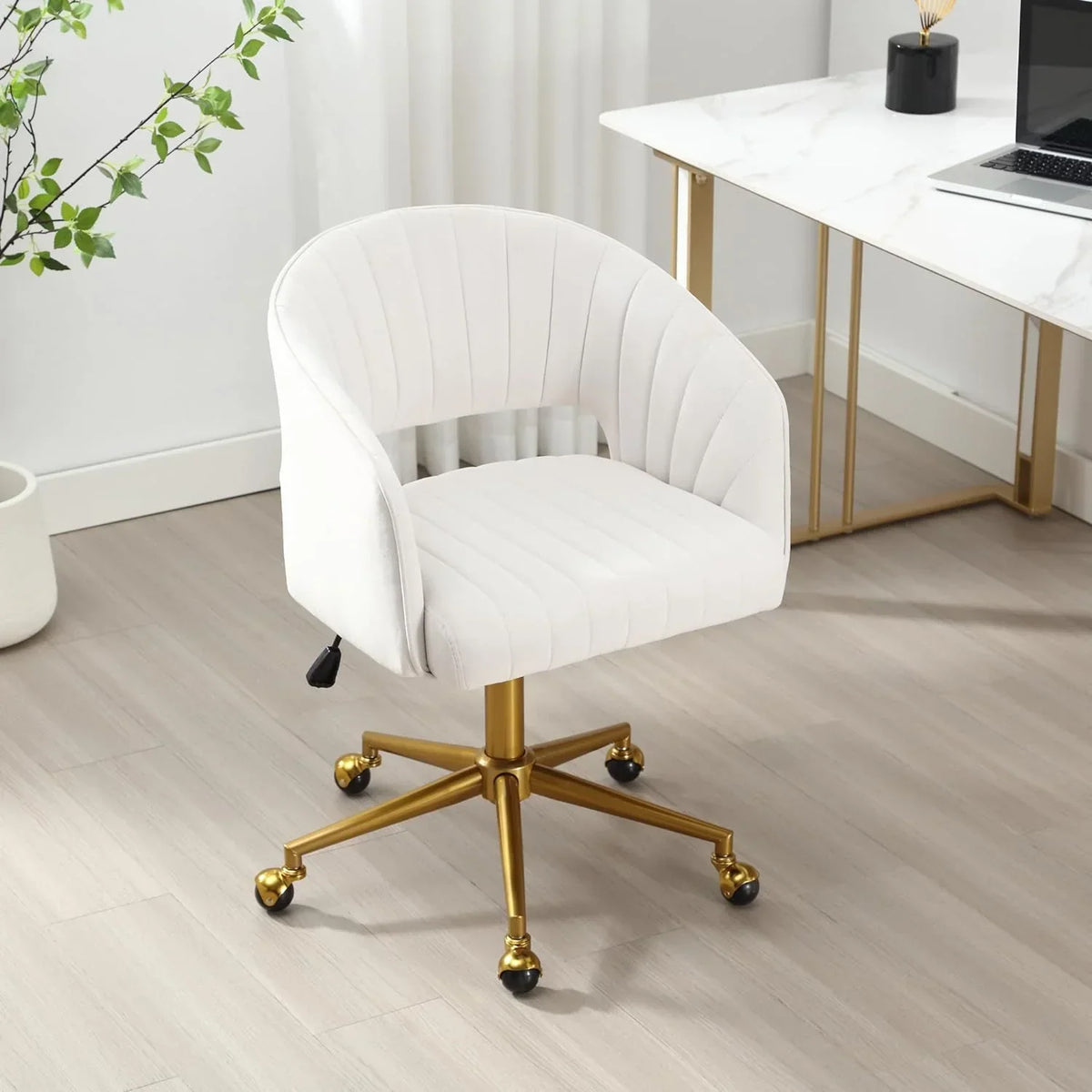 2026 NewHome Office Swivel Desk Chair, Modern Velvet Vanity Chair, Height Adjustable Armchair with Gold Base, Ergonomic Office Chair for Task Study Computer Room, Beige