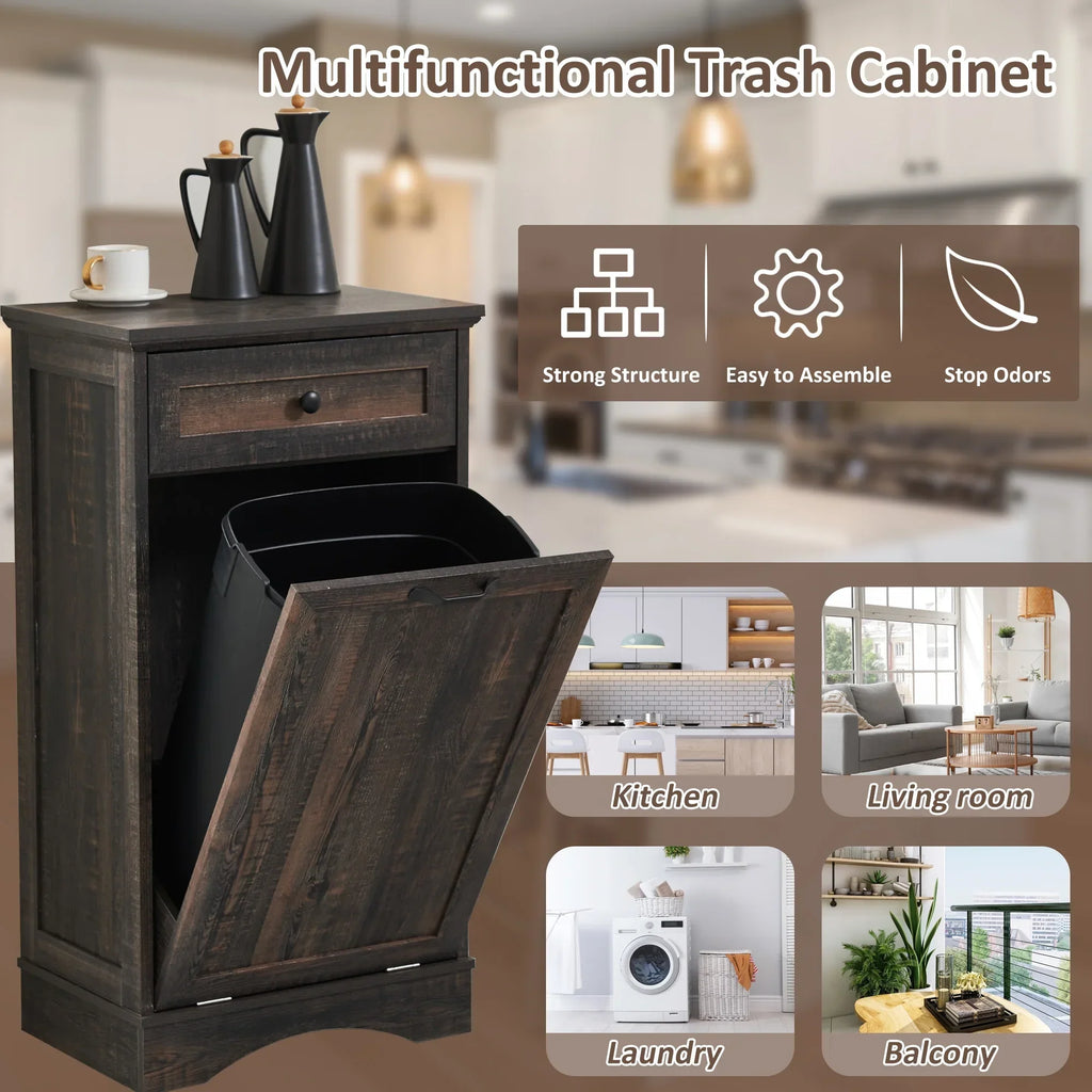 2026 NewHARIPUL Single Tilt Out Trash Cabinet for 13 Gallon Waste Bin, Free Standing Kitchen Trash Can Cabinet with Drawers, White