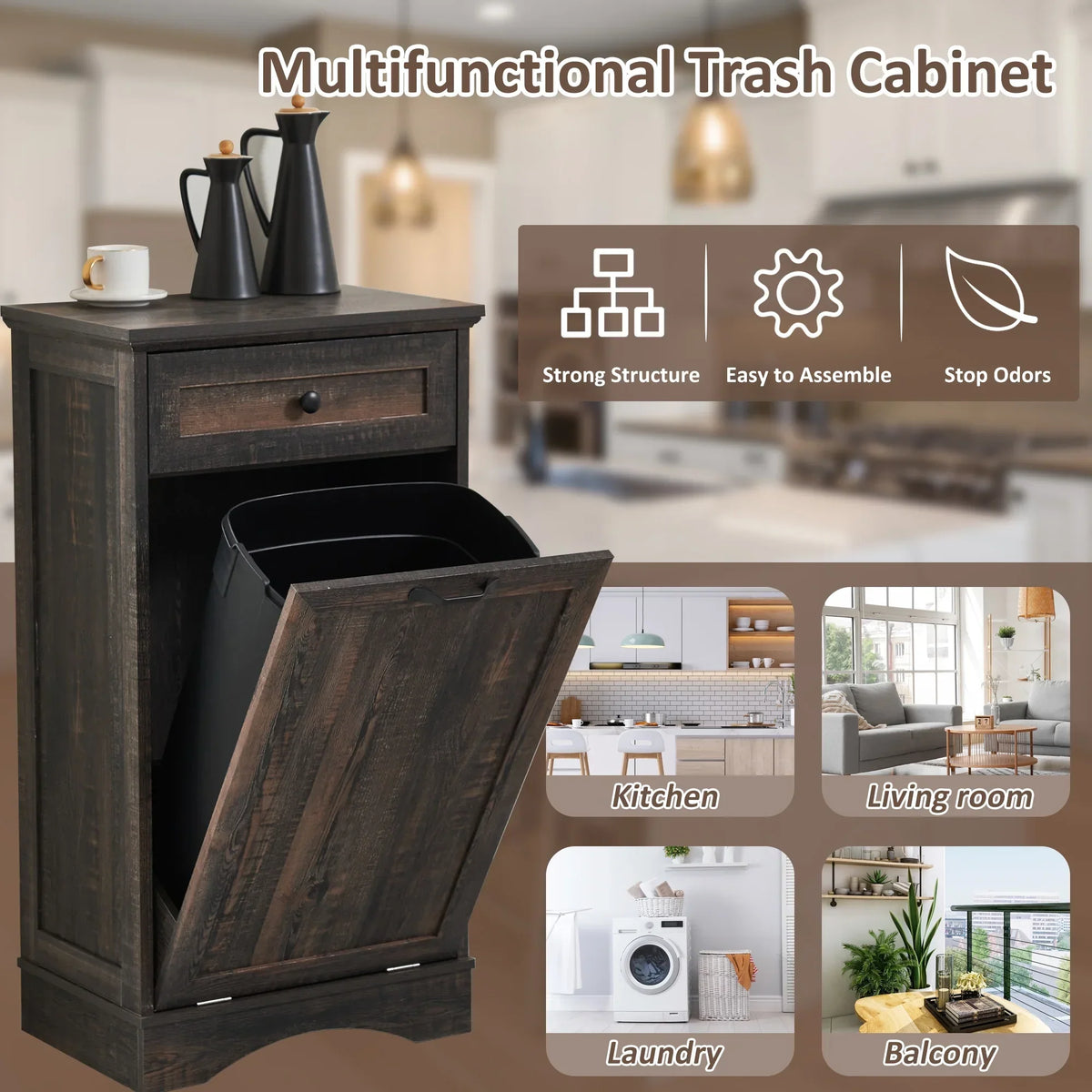 2026 NewHARIPUL Single Tilt Out Trash Cabinet for 13 Gallon Waste Bin, Free Standing Kitchen Trash Can Cabinet with Drawers, White