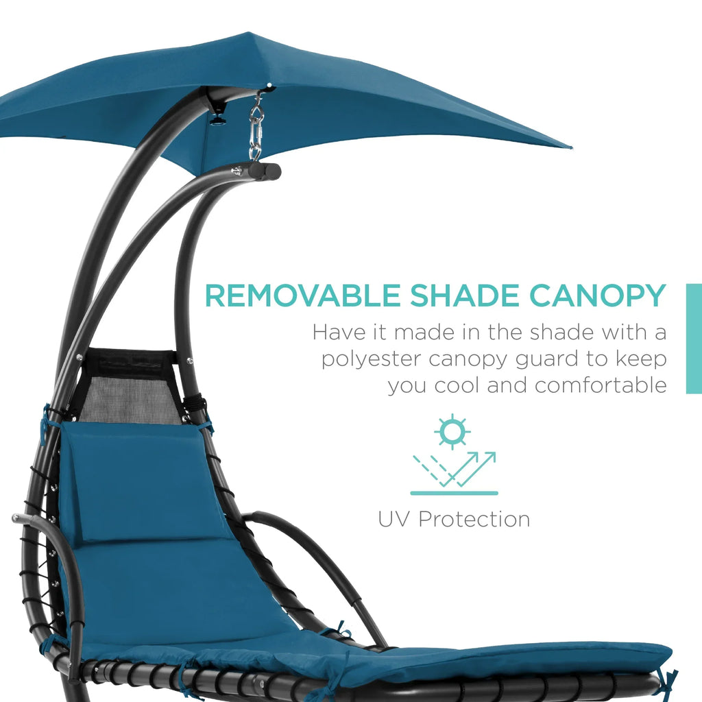 2026 NewBest Choice Products Hanging Curved Chaise Lounge Chair Swing for Backyard, Patio w/ Pillow, Shade, Stand - Teal