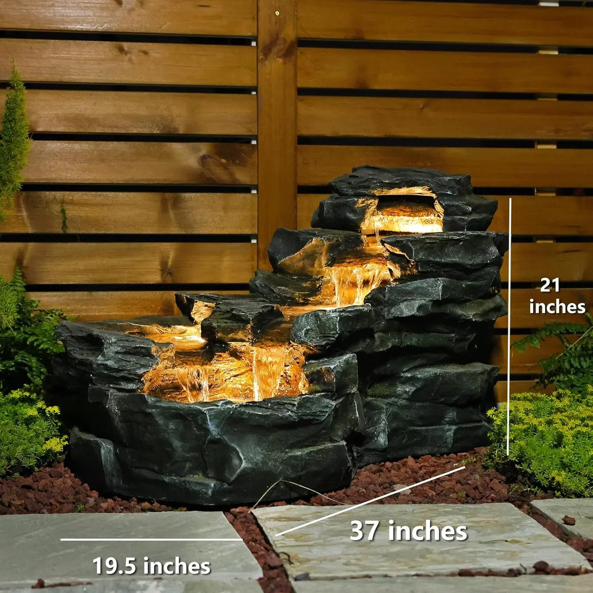 2026 NewOutdoor Water Fountain Floor Standing Tiers Rock Natural Waterfall Outdoor Fountains with LED Lights for Garden, Patio, Porch