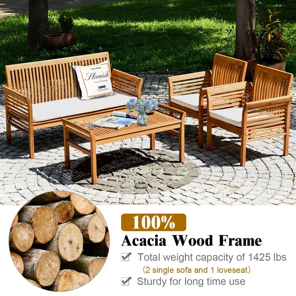 2026 NewCostway 4 PCS Outdoor Acacia Wood Sofa Furniture Set Cushioned Chair Coffee Table Garden
