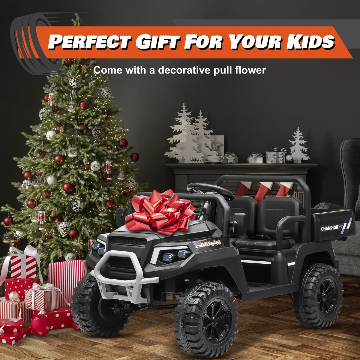 2026 NewJoyracer 4WD 24 Volt Ride on Toys UTV with 2 Seater & Remote Control, Kids Electric Golf Cart w/ 4x200W Power Motors, Tiltable Trailer & Shovel, 4 Wheels Spring Suspension, Bluetooth USB Music, Black