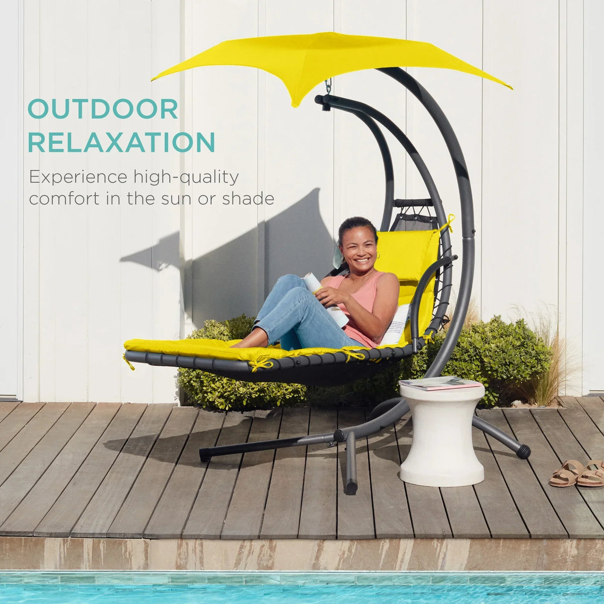 2026 NewBest Choice Products Hanging Curved Chaise Lounge Chair Swing for Backyard, Patio w/ Pillow, Shade, Stand - Teal