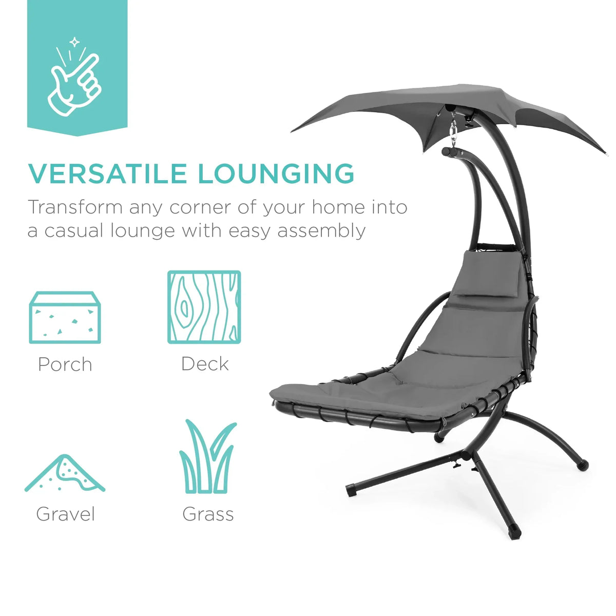 2026 NewBest Choice Products Hanging Curved Chaise Lounge Chair Swing for Backyard, Patio w/ Pillow, Shade, Stand - Teal