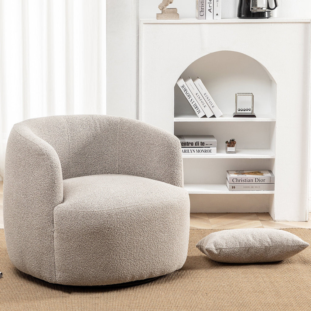 2026 New34" Wide Boucle Swivel Barrel Chair, No Assembly Round Upholstered Armchair Accent Chair Single Sofa Chair with Toss Pillow for Living Room and Bedroom, Taupe