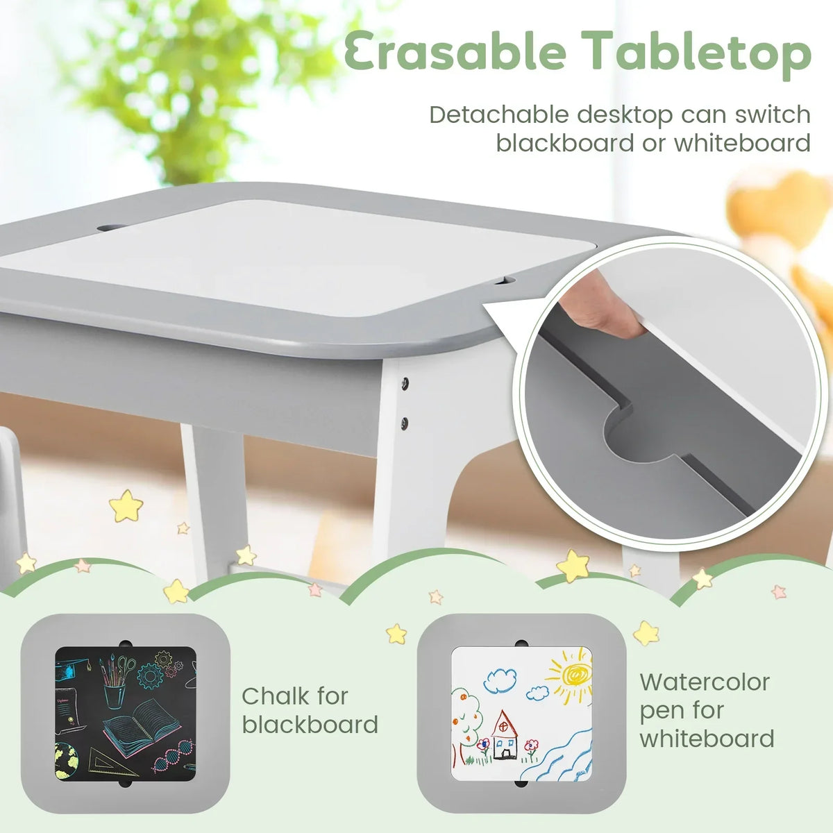 2026 NewOLAKIDS Kids Table and Chair Set, 3 in 1 Wooden Activity Table with Removable Tabletop, Blackboard and Whiteboard for Toddlers Arts Crafts Drawing Reading Playing, Playroom Nursery (Natural)