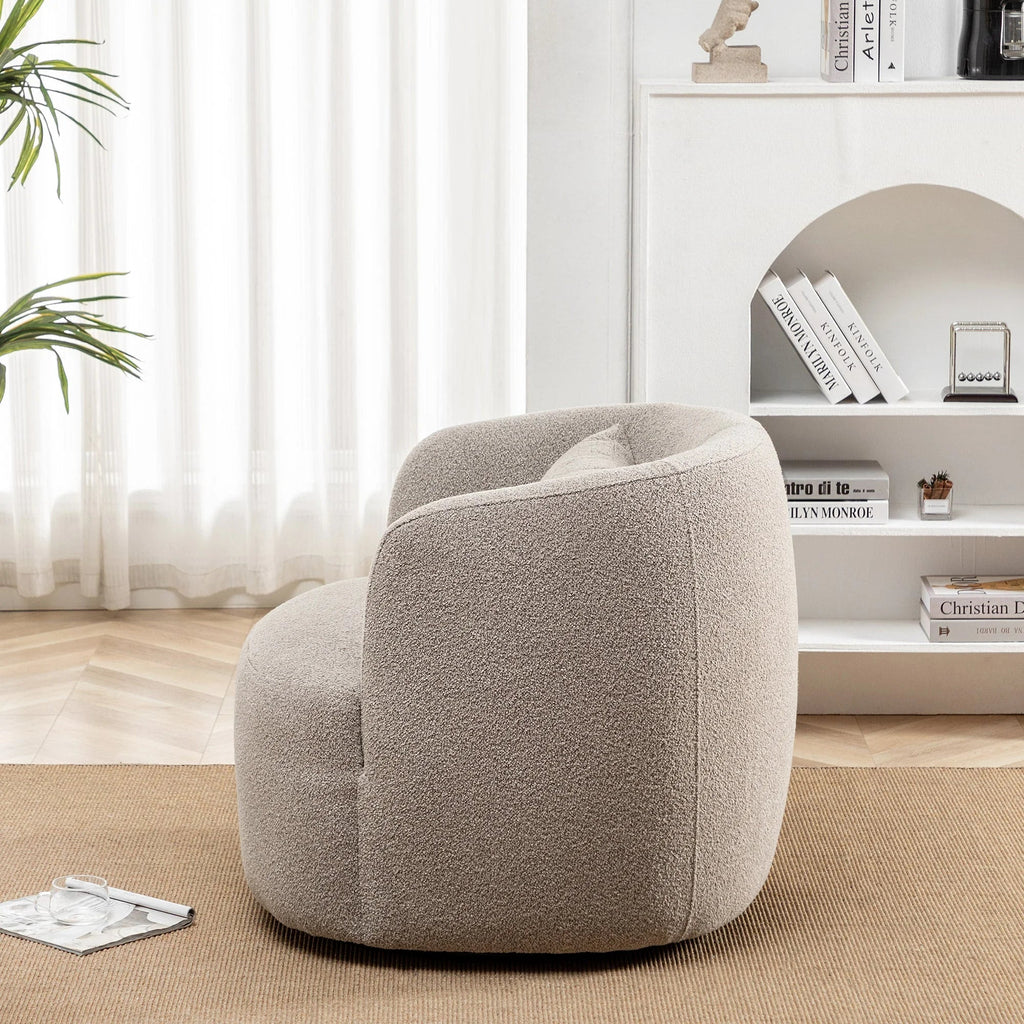 2026 New34" Wide Boucle Swivel Barrel Chair, No Assembly Round Upholstered Armchair Accent Chair Single Sofa Chair with Toss Pillow for Living Room and Bedroom, Taupe