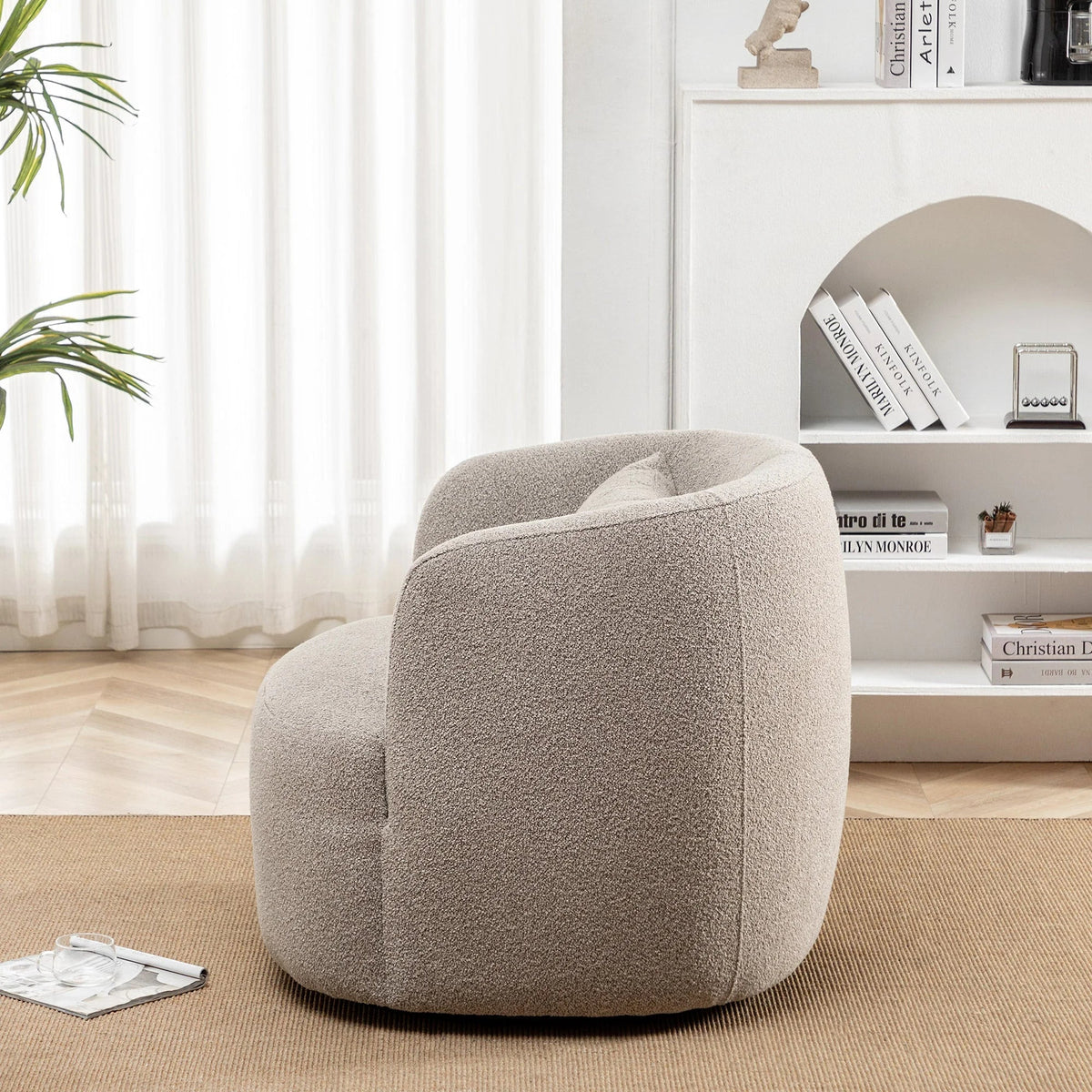 2026 New34" Wide Boucle Swivel Barrel Chair, No Assembly Round Upholstered Armchair Accent Chair Single Sofa Chair with Toss Pillow for Living Room and Bedroom, Taupe