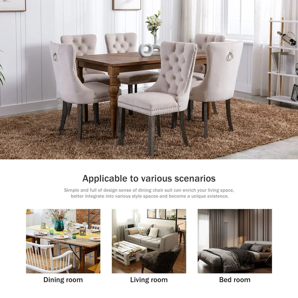 2026 NewTzicr Dining Chairs Set of 4, Velvet Upholstered Dining Chairs with Nailhead Back and Ring Pull Trim,Solid Wood Dining Chairs for Kitchen/Bedroom/Dining Room,Modern Fabric Dining Set,Beige