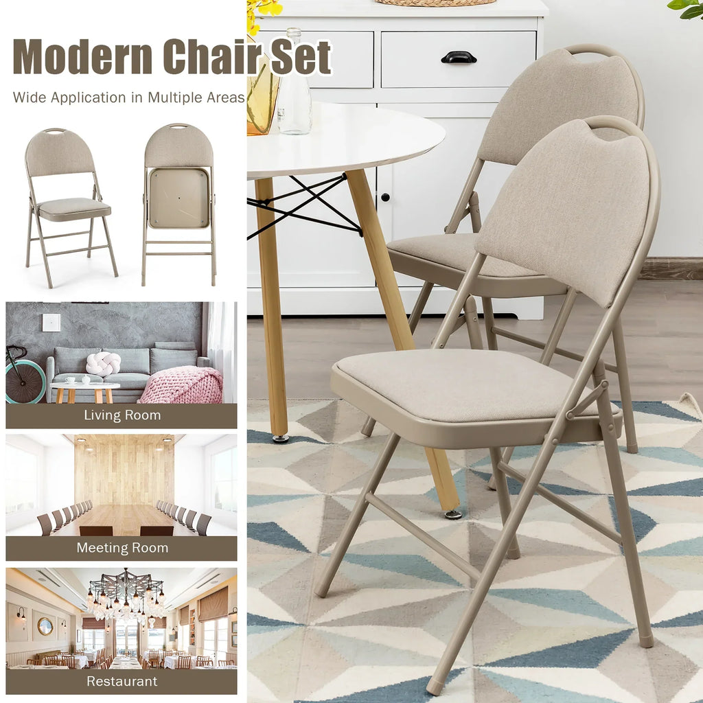 2026 NewCostway Set of 6 Folding Chairs Fabric Upholstered Padded Seat Metal Frame Home Office Beige