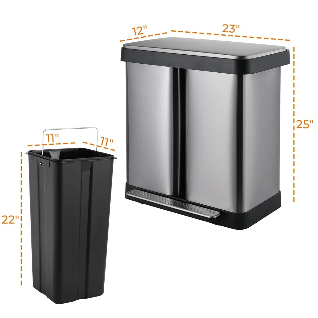 2026 NewArlopu 16 Gallon / 60L Dual Trash Can, Stainless Steel Kitchen Garbage Can with Soft-Close Lid, Home Office Classified Recycle Bin