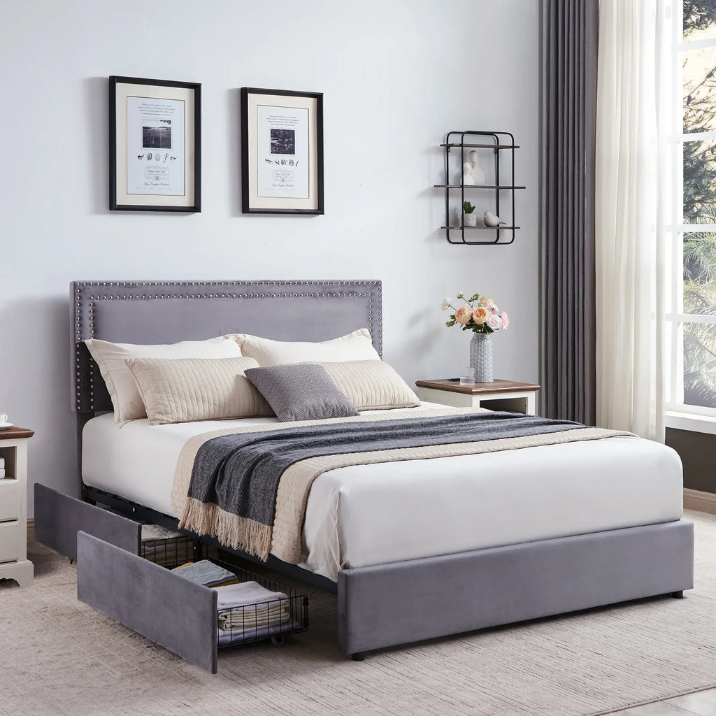 2026 NewVECELO Full Bed Frame with 4 Storage Drawers (Wheeled) and Tufted Upholstered Adjustable Headboard Platform Bed, Beige