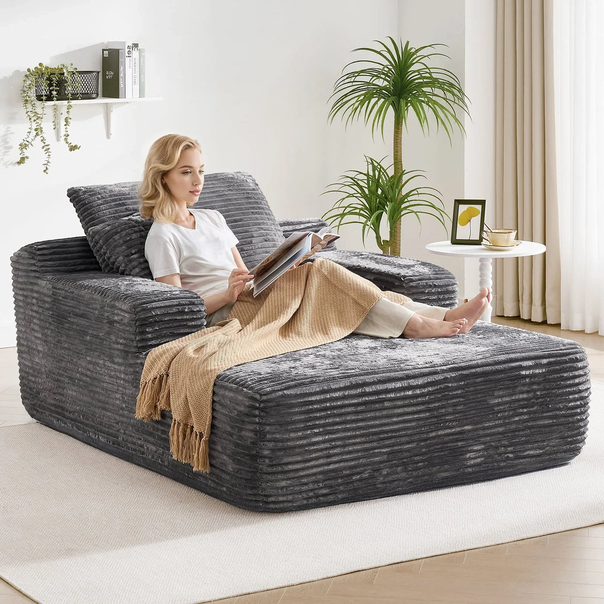 2026 New65" Corduroy Cloud Sleeper Chaise Lounge Chair, No Assembly Sofa Bed with Pillows, Beige