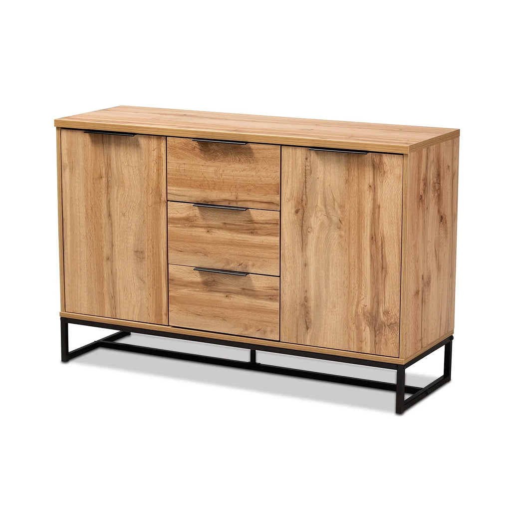 2026 NewBaxton Studio Reid Modern and Contemporary Industrial Oak Finished Wood and Black Metal 3-Drawer Sideboard Buffet