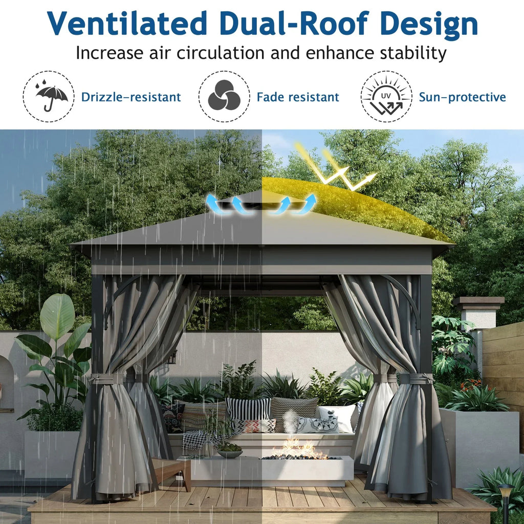 2026 New10'x10' Outdoor Gazebo,Patio Gazebo with Mosquito Netting and Privacy Screens for Backyard, Garden, Lawn and Deck,Grey