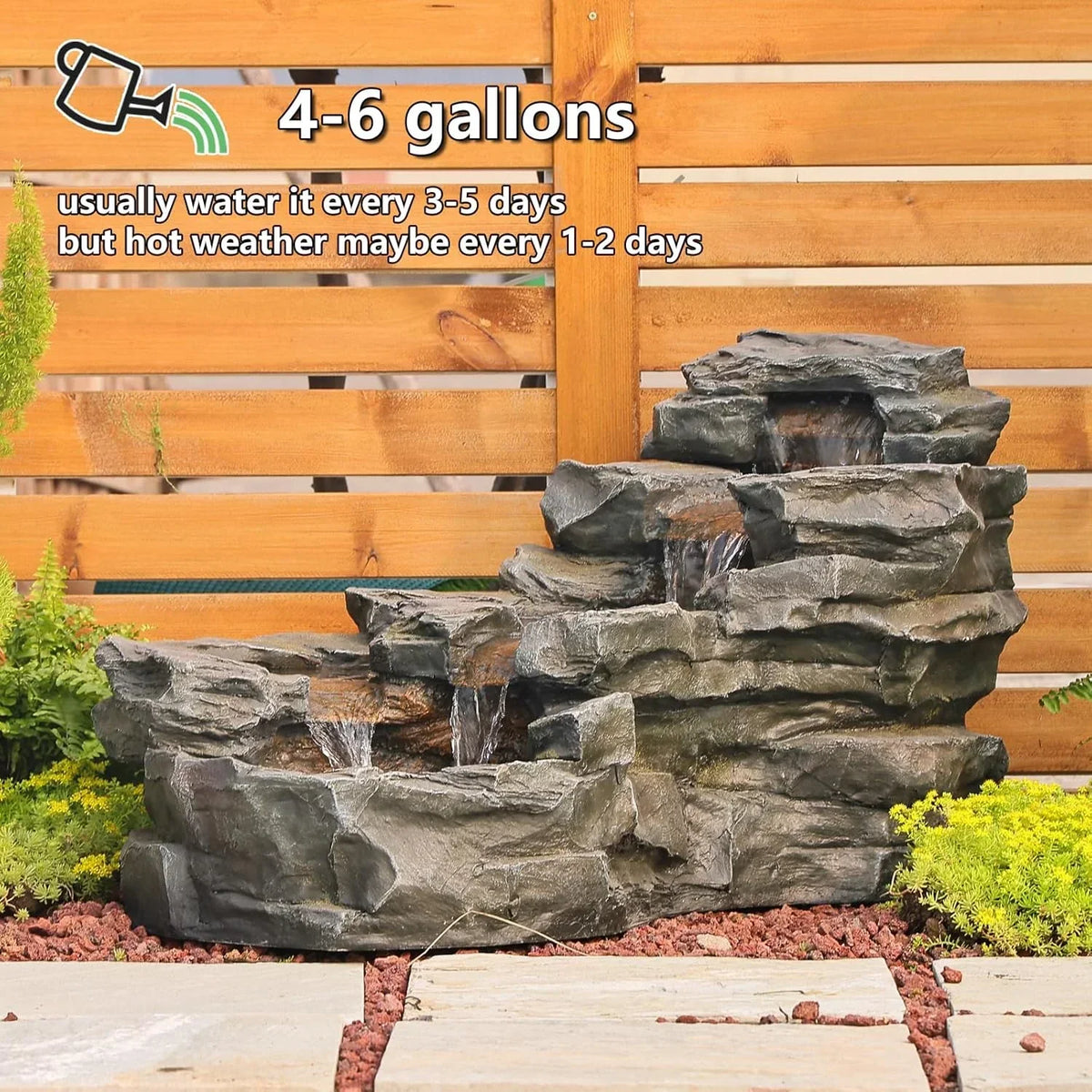 2026 NewOutdoor Water Fountain Floor Standing Tiers Rock Natural Waterfall Outdoor Fountains with LED Lights for Garden, Patio, Porch