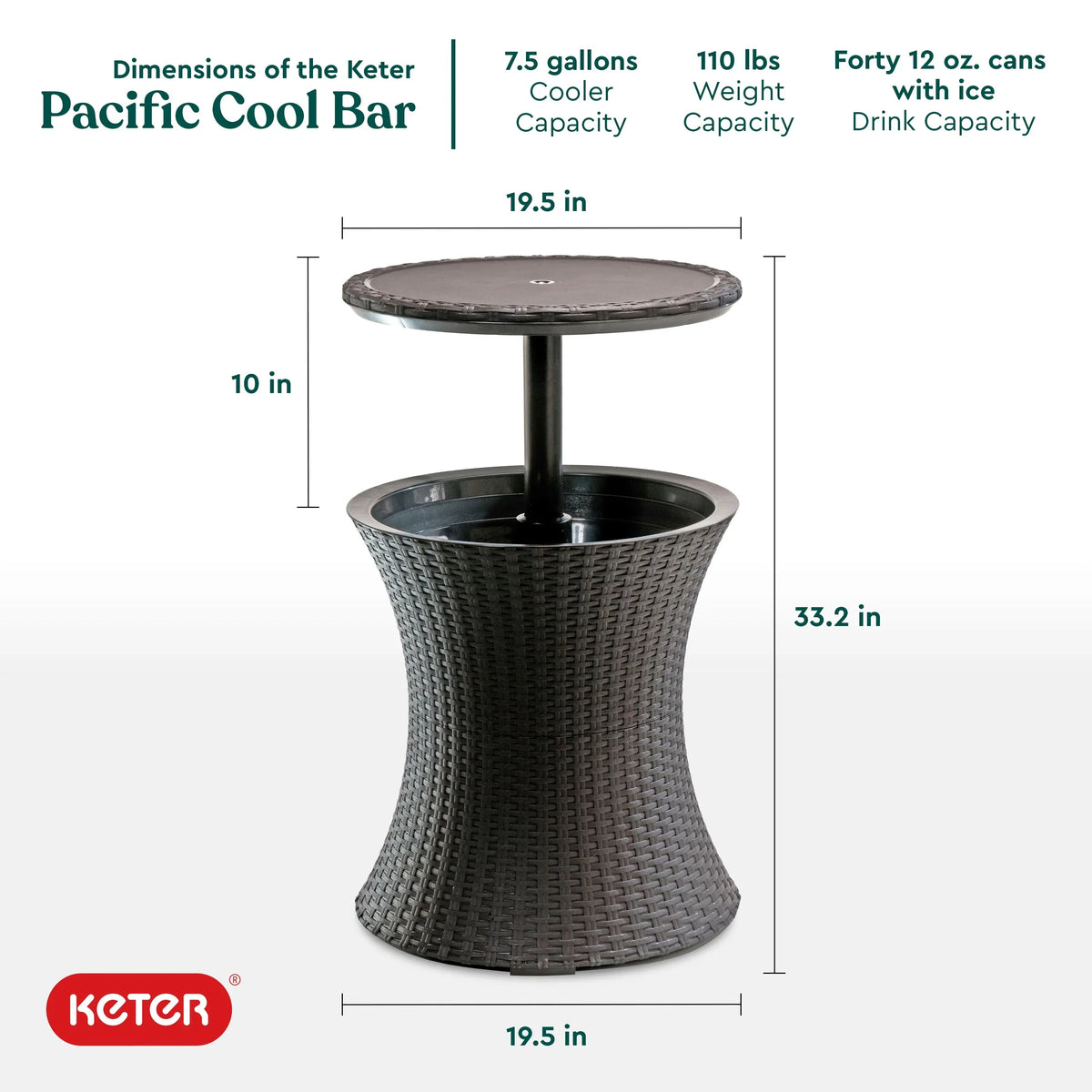 2026 NewKeter Pacific 7.5 Gallon Cool Bar 2 in 1 Weather Resistant Side Table and Bar Durable Resin Outdoor Patio Beverage Cooler Table, Rattan Look Brown