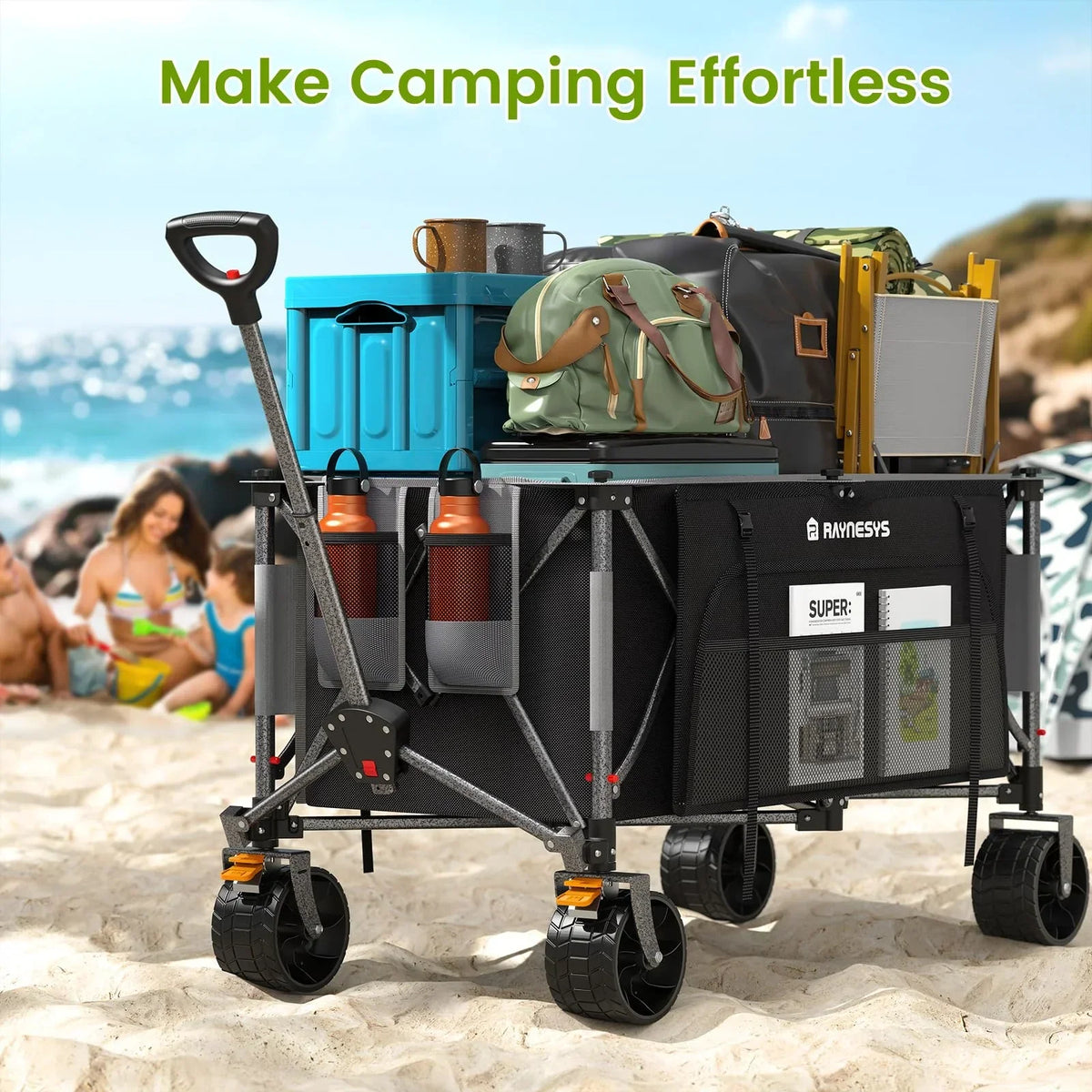 2026 NewRaynesys 300L Foldable Wagon Cart with Wheels, 440lbs Heavy Duty Beach Wagon for Sand Sports Camping Grocery, Black & Gray