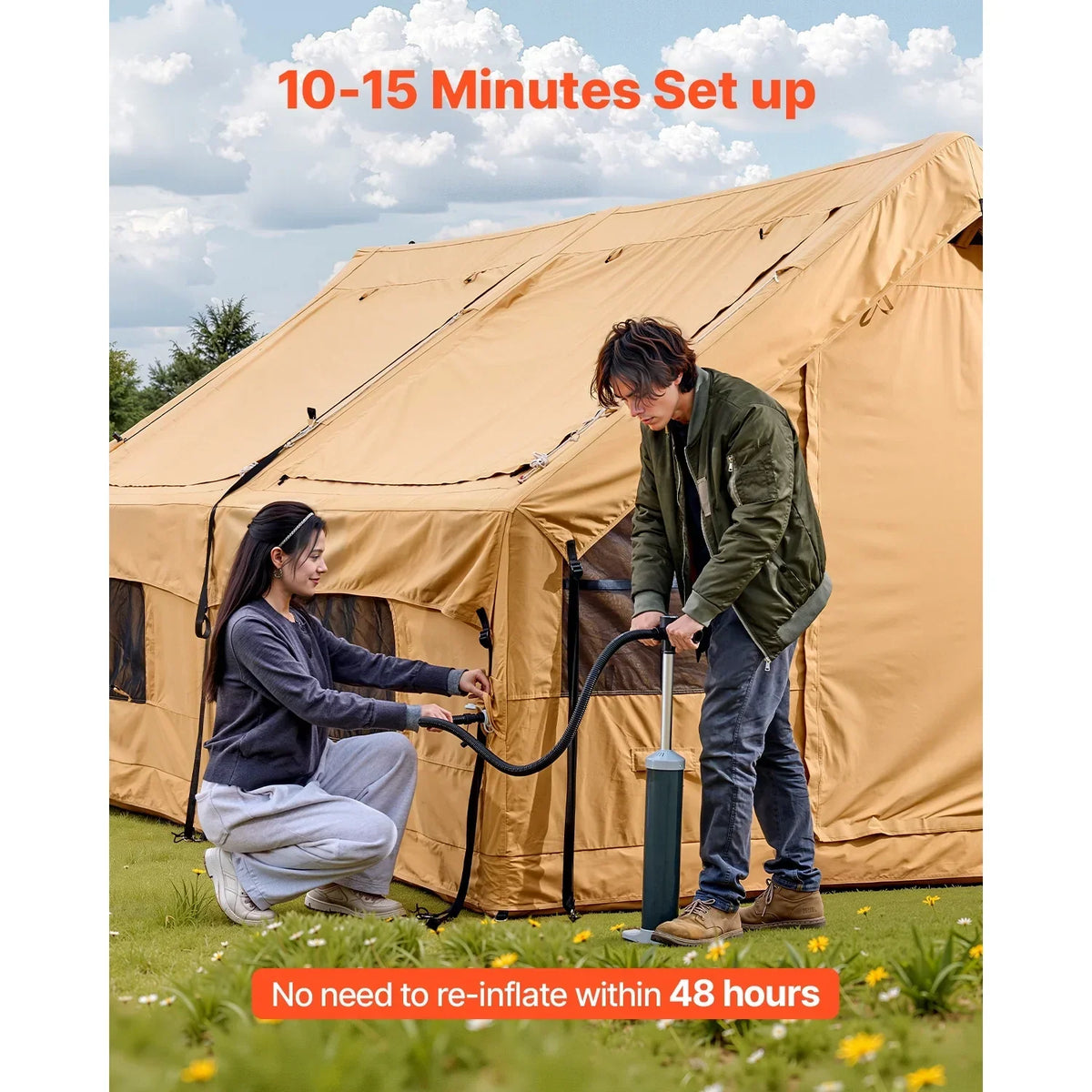 2026 NewKFFKFF Inflatable Camping Tent for 8-12 Person, 15.75 x 11.81 x 7.22 Ft Glamping Blow up Tent with Hand Pump, Waterproof Air Tent, All-Weather Camping Shelter with Dual Sunroofs, Stove Jack