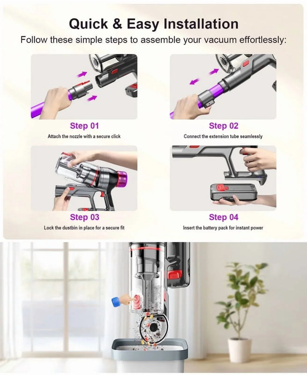 2026 NewHosaud Cordless Vacuum Cleaner - 45000pa 550W 55mins 2600mAh Lightweight Stick Vacuum Cleaners for Home Pet Hair Carpet Floor Purple