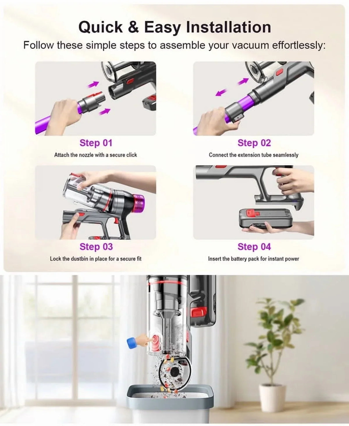 2026 NewHosaud Cordless Vacuum Cleaner - 45000pa 550W 55mins 2600mAh Lightweight Stick Vacuum Cleaners for Home Pet Hair Carpet Floor Purple
