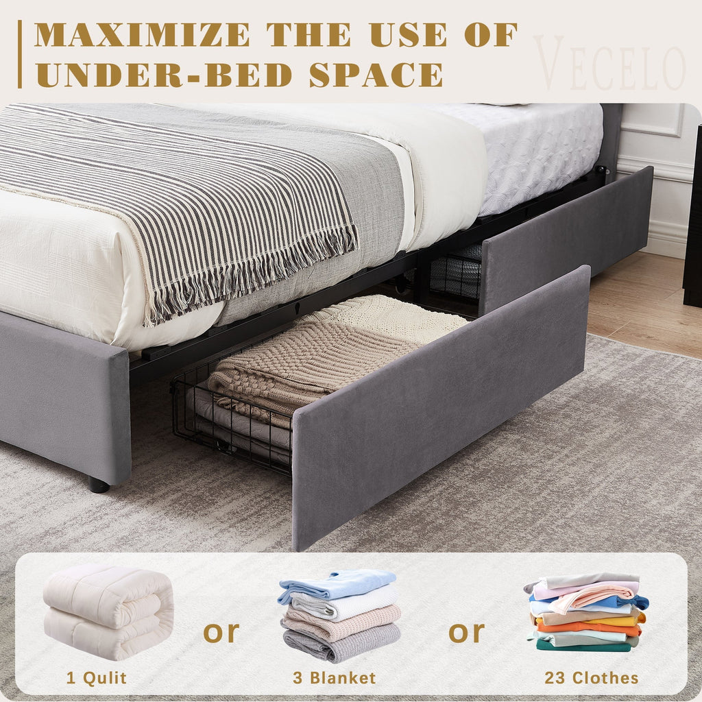 2026 NewVECELO Full Bed Frame with 4 Storage Drawers (Wheeled) and Tufted Upholstered Adjustable Headboard Platform Bed, Beige