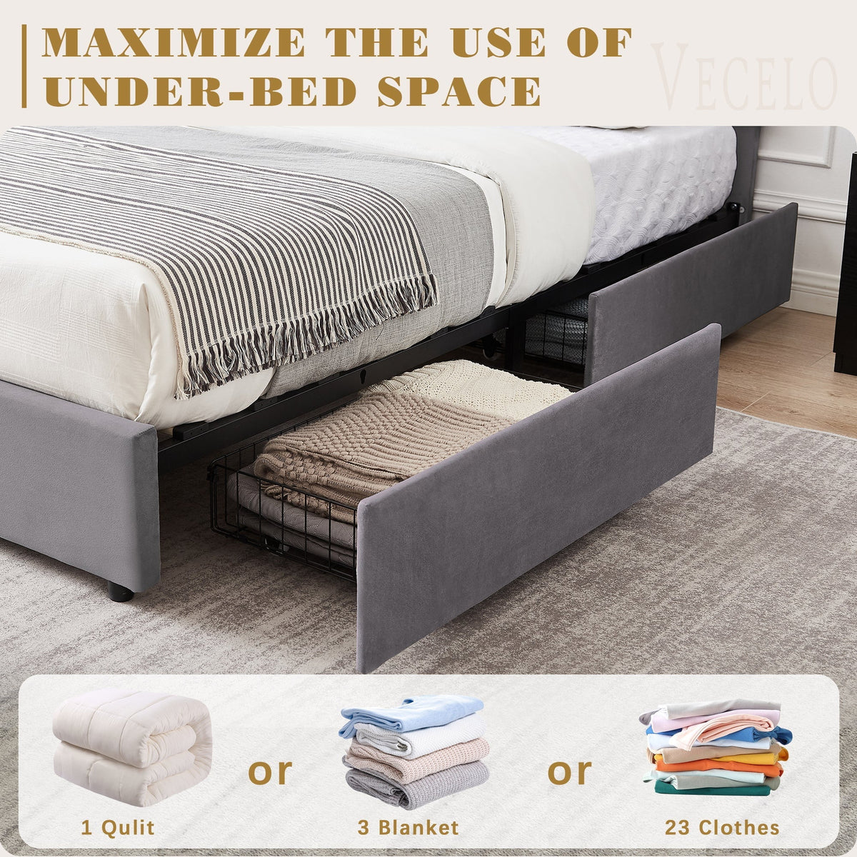 2026 NewVECELO Full Bed Frame with 4 Storage Drawers (Wheeled) and Tufted Upholstered Adjustable Headboard Platform Bed, Beige