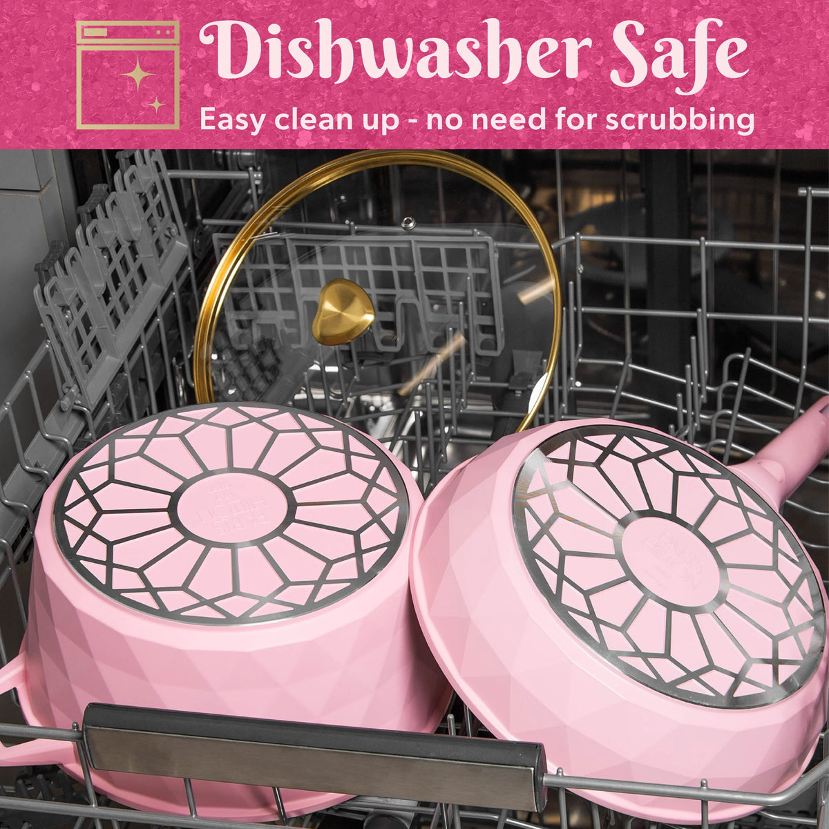 2026 NewParis Hilton 10-Piece Ceramic Nonstick Cast Aluminum Cookware Set, Clean Ceramic Coating, Faceted Pink Design